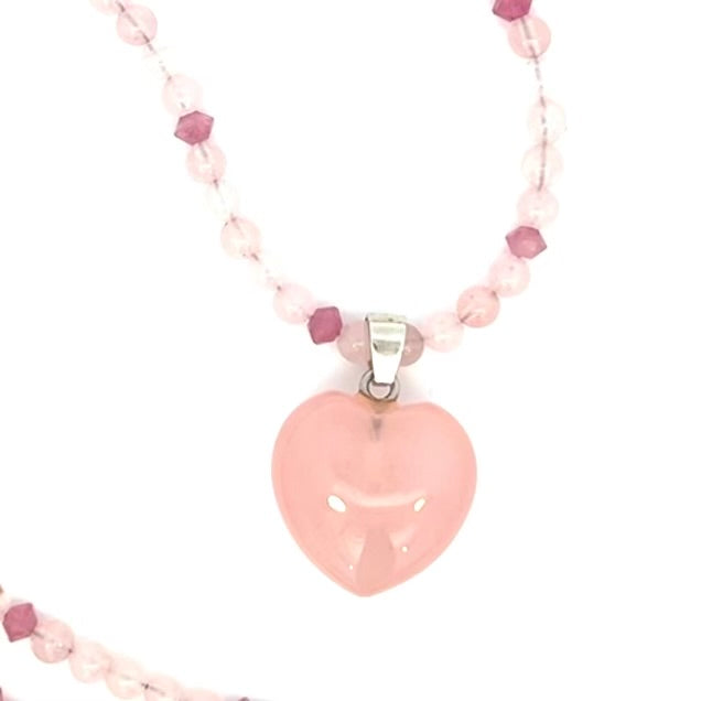 Pink Rose Quartz Puffy Heart Pendant With Tourmaline Chain Necklace Stainless