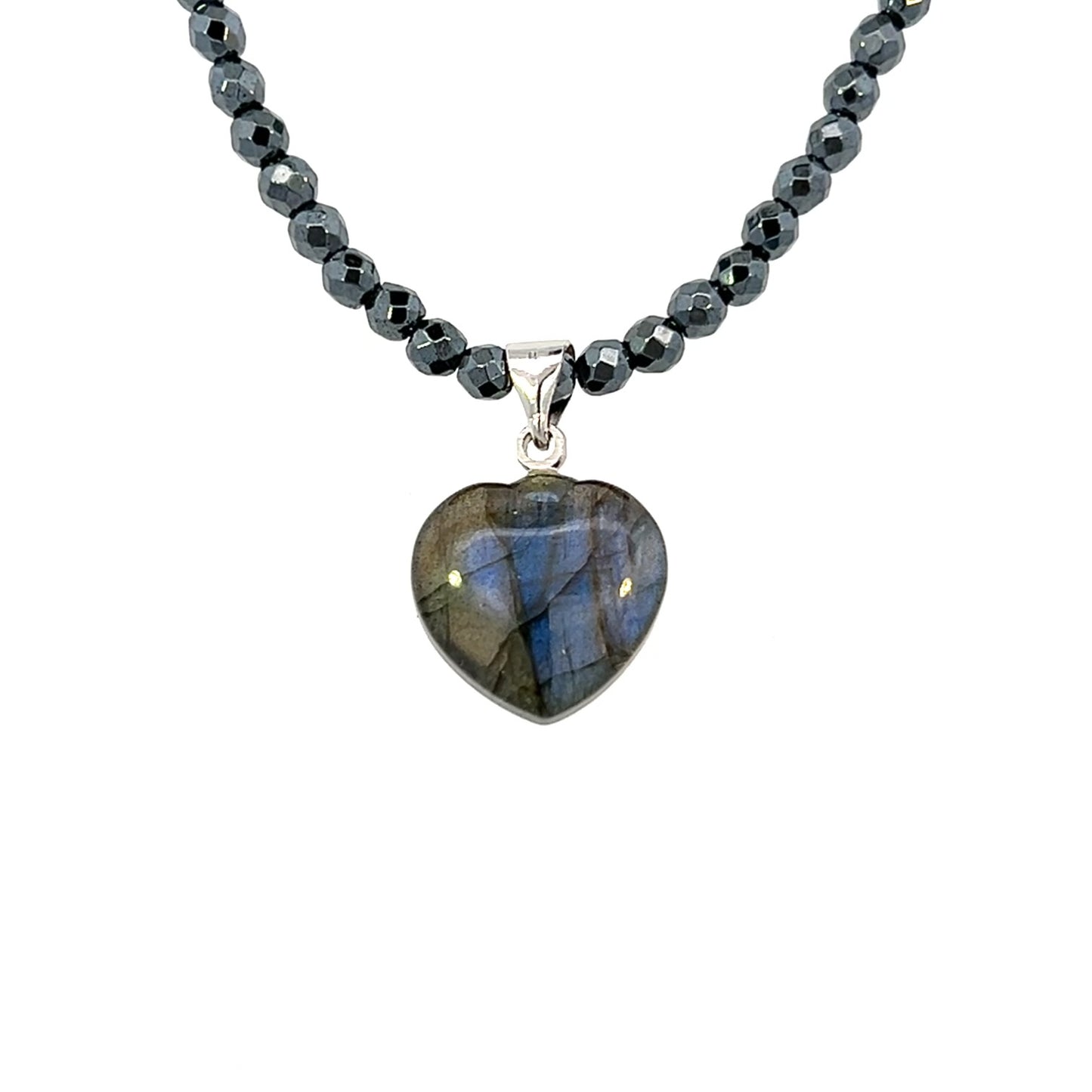 Labradorite Puffy Heart Pendant With Hematite Chain Necklace Stainless