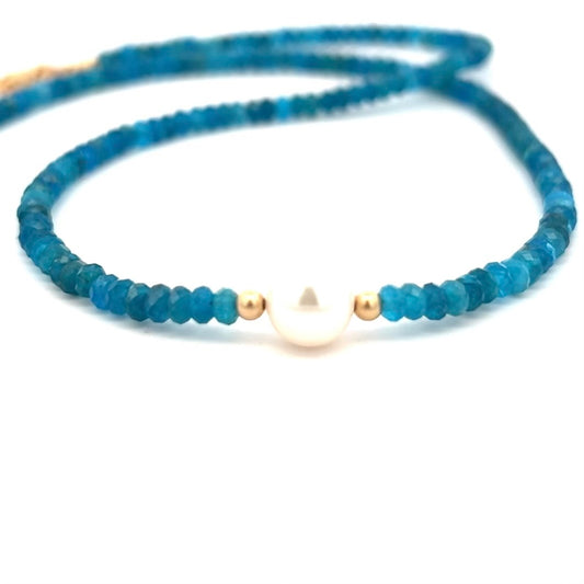 Neon Blue Apatite and Pearl Necklace 14k GF Gold