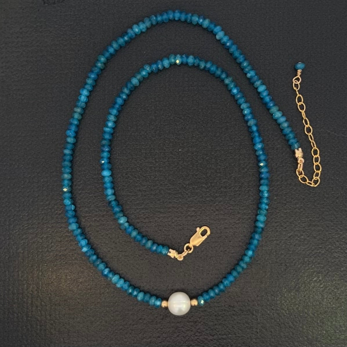 Neon Blue Apatite and Pearl Necklace 14k GF Gold