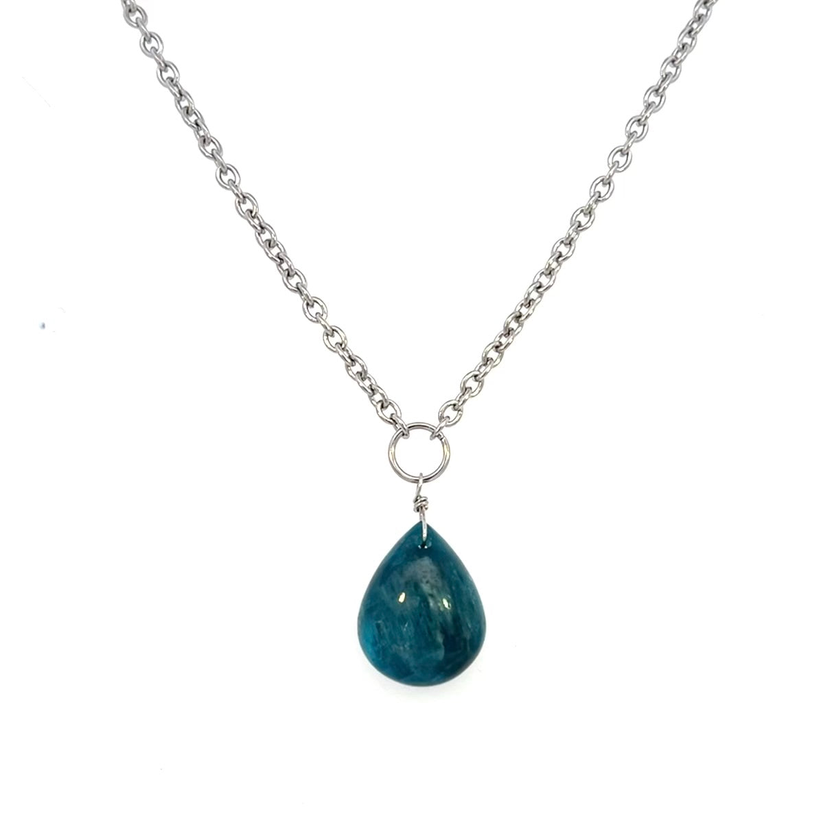 Blue Apatite Pendant Necklace Silver Tone