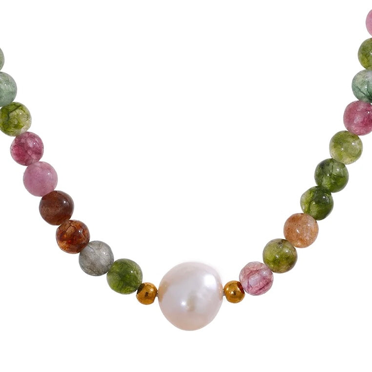 Mixed Tourmaline Gemstone and Pearl Necklace and Bracelet Set