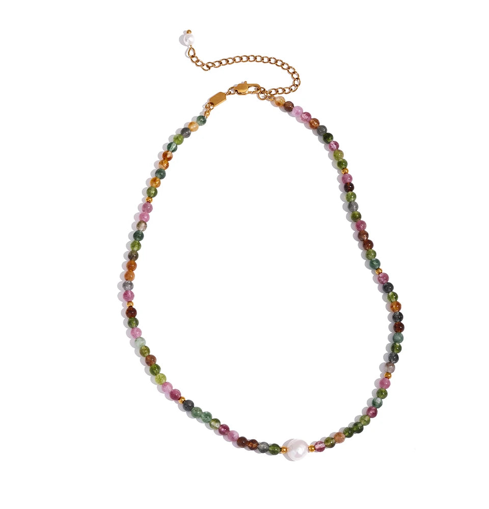 Mixed Tourmaline Gemstone and Pearl Necklace and Bracelet Set