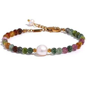 Mixed Tourmaline Gemstone and Pearl Necklace and Bracelet Set