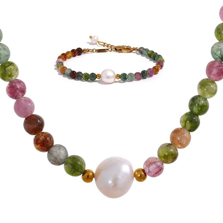 Mixed Tourmaline Gemstone and Pearl Necklace and Bracelet Set