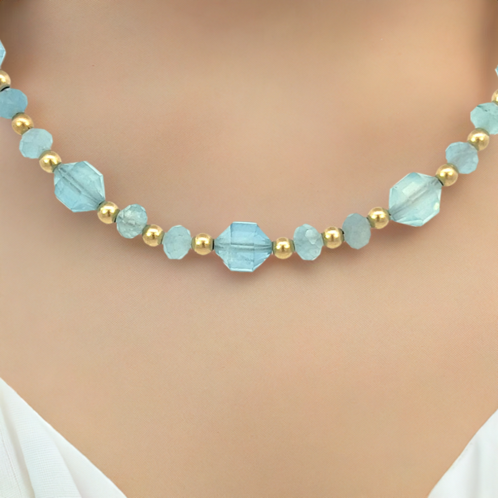 Aquamarine Choker Necklace 14k GF Gold