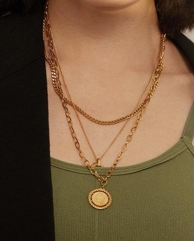 Layered Double Horn Crescent and Lion Pendant Necklace