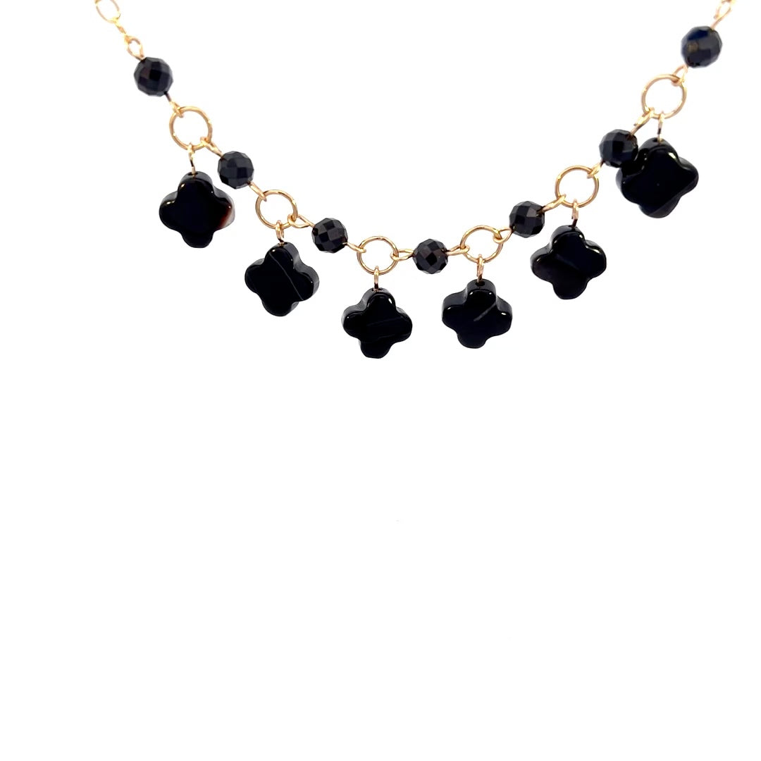 Lucky Clover Black Agate Four Leaf Clovers and Black Spinel Gemstone Choker Necklace 14k GF