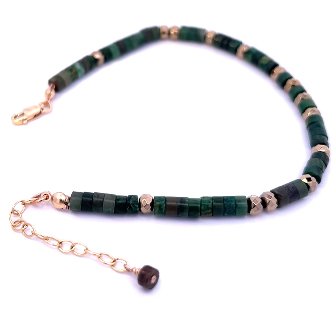 African Green Jade and Pyrite Drum Bead Bracelet 14k GF