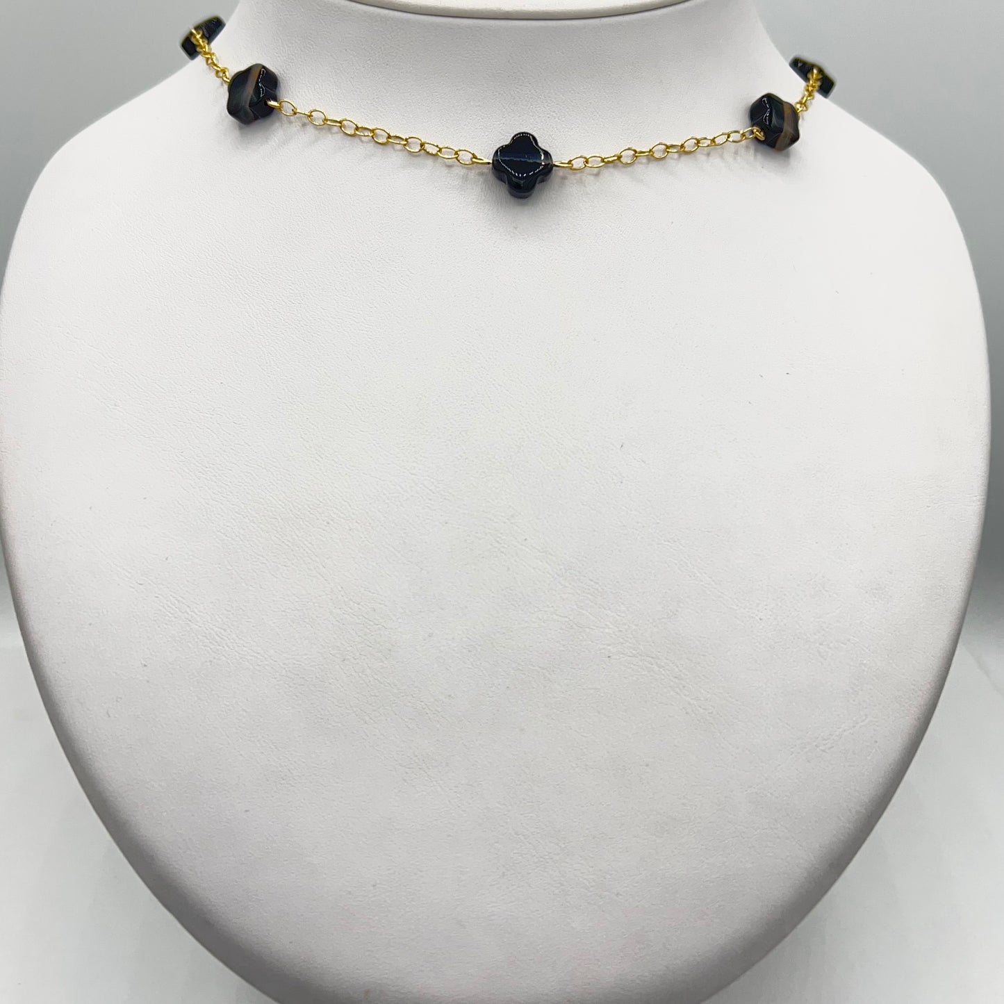 Lucky Clover Black Agate Four Leaf Clovers and Onyx Gemstone Choker Necklace 14k GF