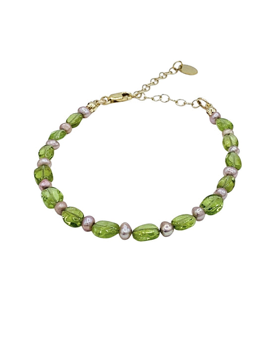Natural Gemstone Peridot and Pearl Bracelet 14k GF