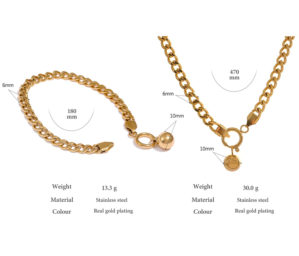 Chunky Gold Curb Chain Necklace and Bracelet Set with Gold Beads