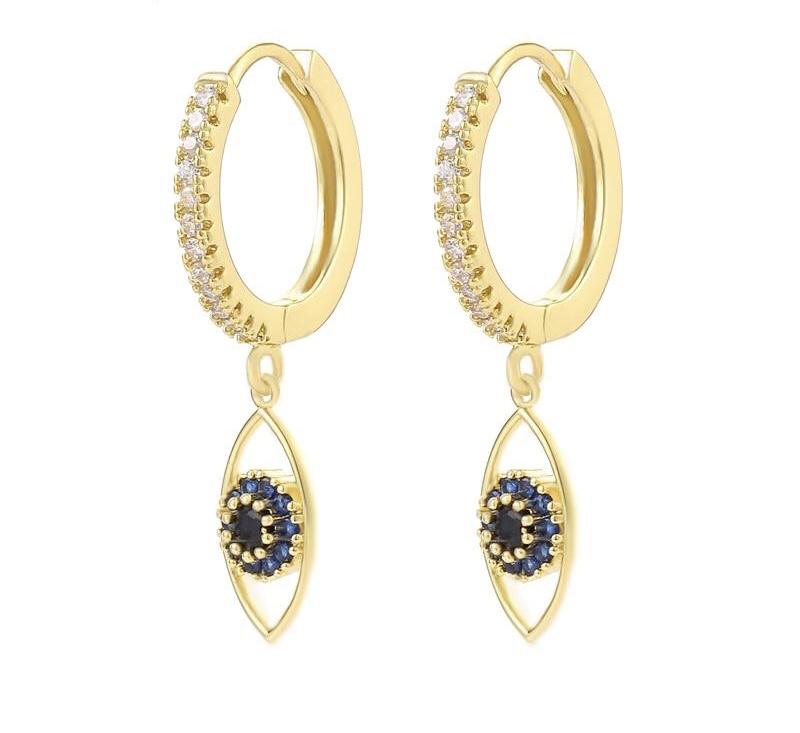 Evil Eye Huggie Hoops Earrings with Vertical Eye Charm Gold