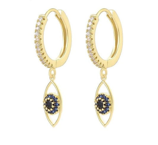Evil Eye Huggie Hoops Earrings with Vertical Eye Charm Gold