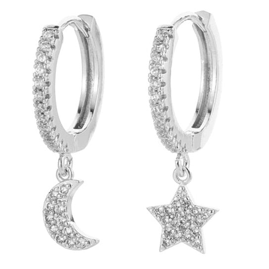 Mini Huggie Hoops Dangle Earrings Star and Moon Gold or Silver