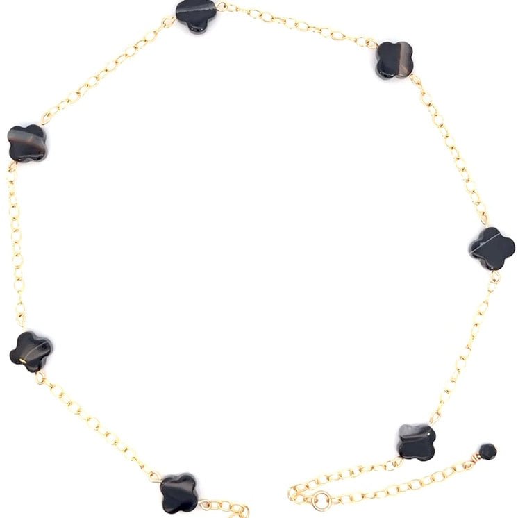 Lucky Clover Black Agate Four Leaf Clovers and Onyx Gemstone Choker Necklace 14k GF