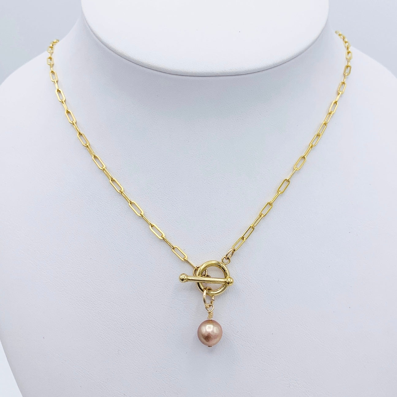 Paperclip Chain Pearl Necklace Front Toggle 14k GF