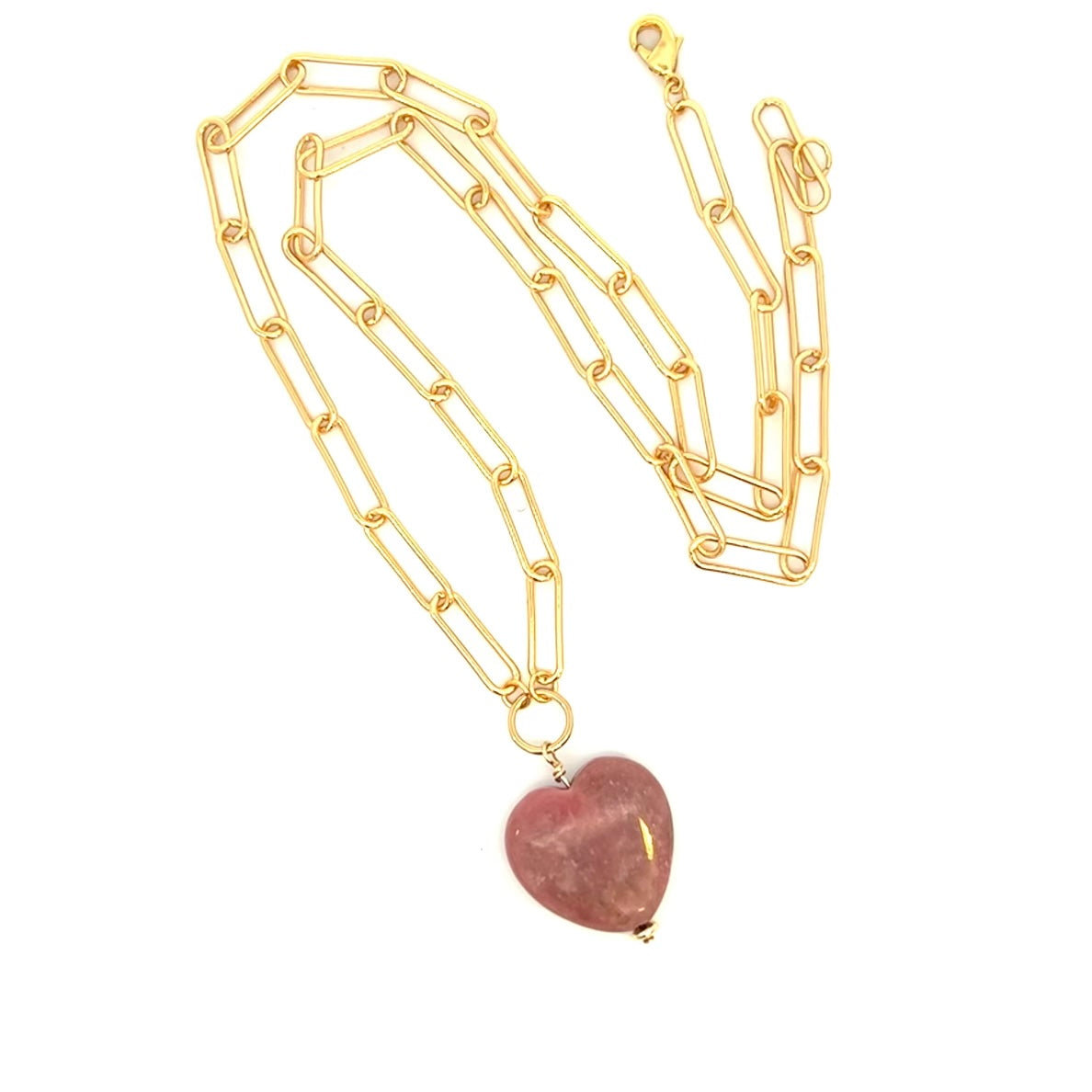 Rhodonite Heart Necklace on Gold Paperclip Chain