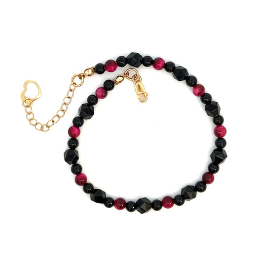 Pink and Black Tigers Eye Bracelet Open Heart Charm Onyx 14k GF Gold
