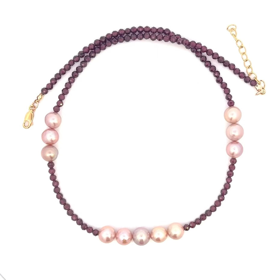 Red Garnet Necklace with Pearls on 14k GF Chain Gold
