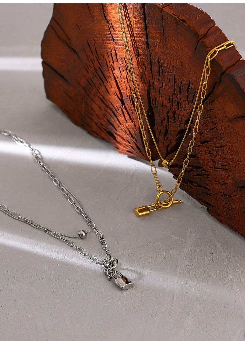 Layered Padlock Toggle Necklaces Silver