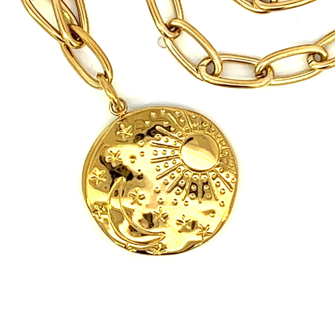 Celestial Sun Moon and Stars Pendant Necklace Paperclip Chain Gold