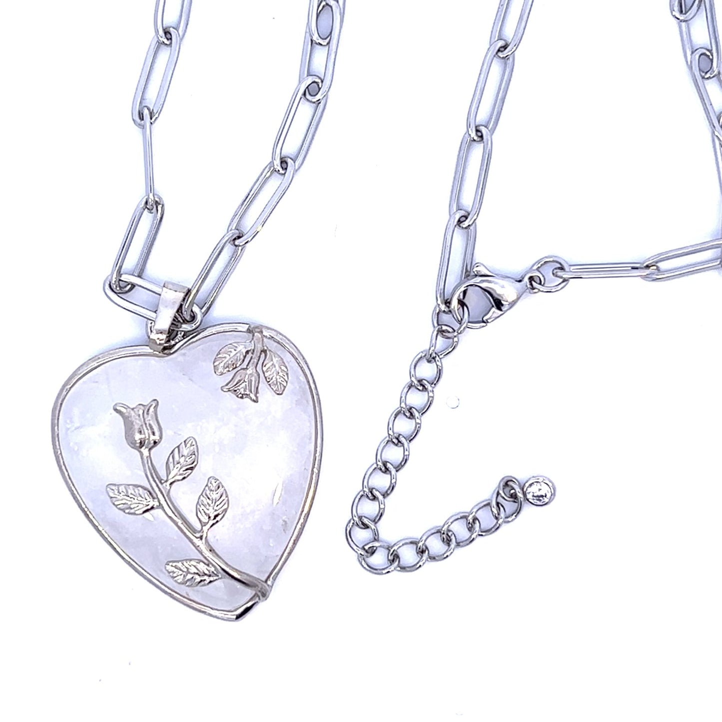 Large Crystal Quartz Heart Pendant On Paperclip Chain Silver