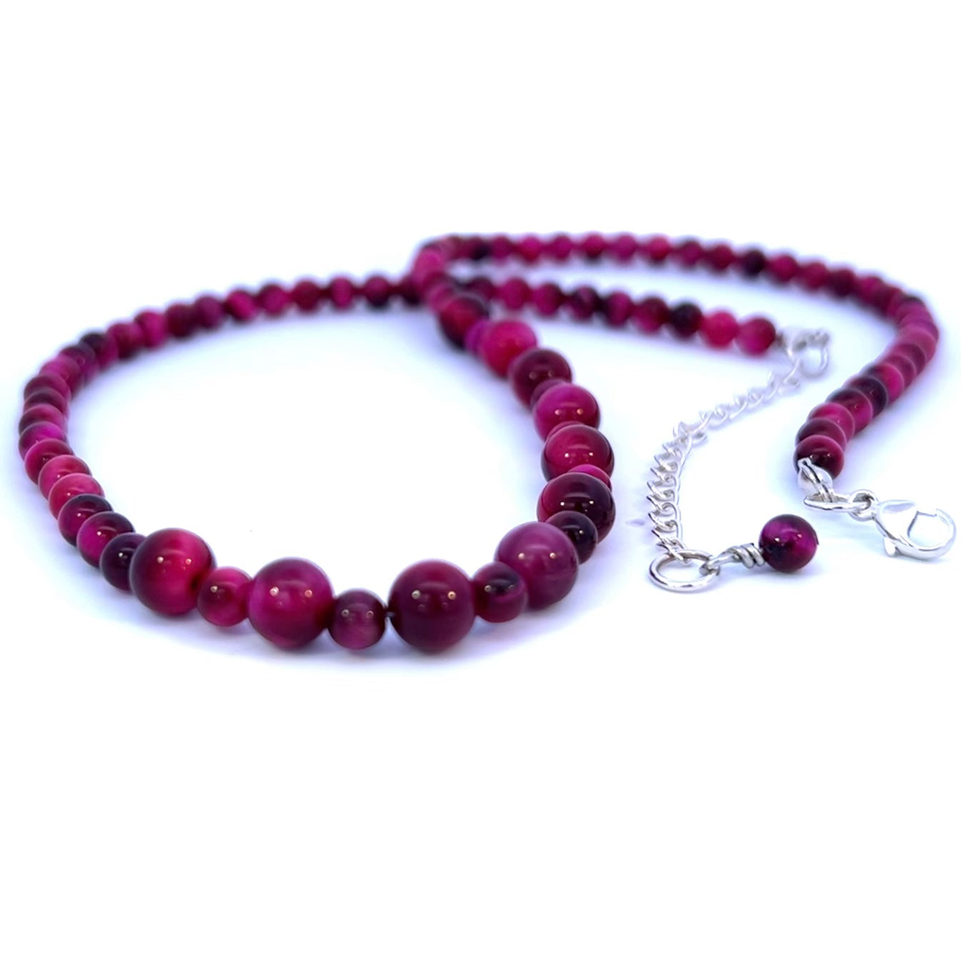 Magenta Pink Tigers Eye Gemstone Choker Necklace Silver
