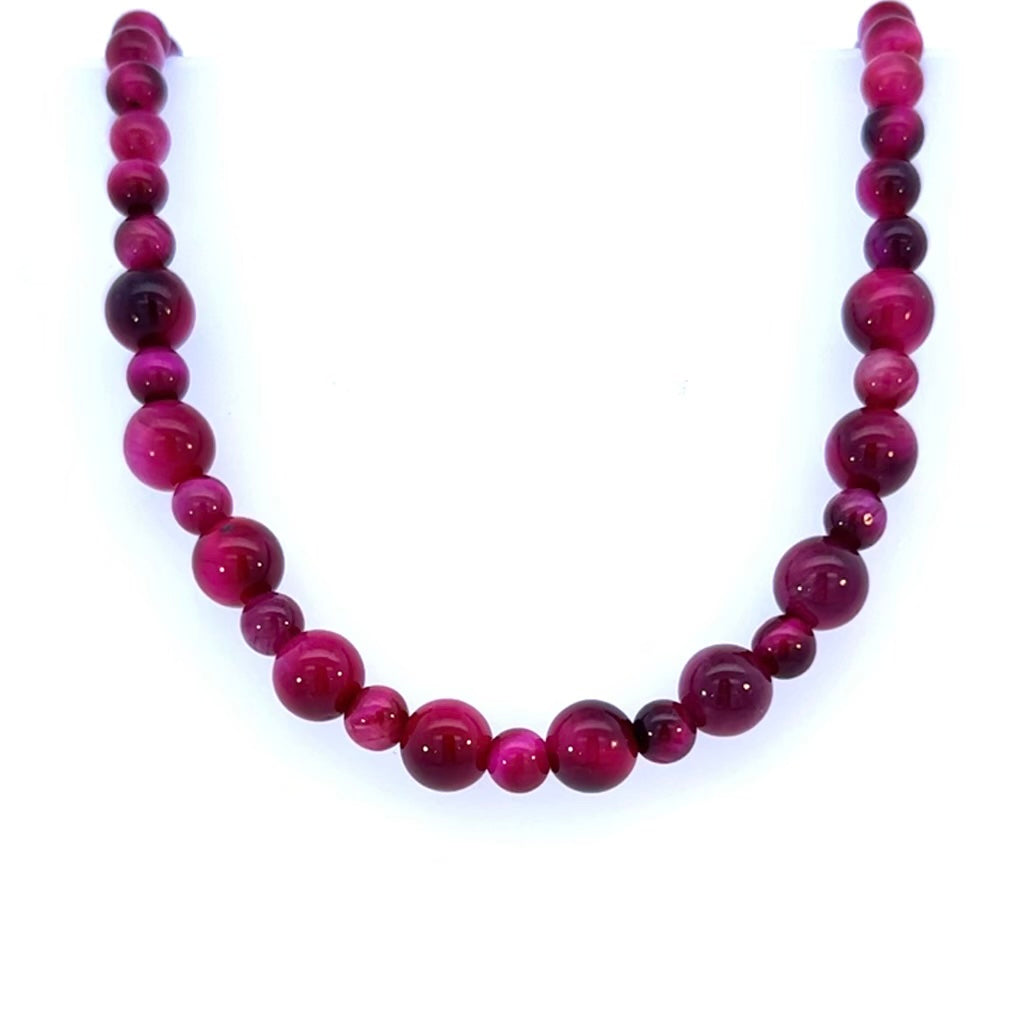 Magenta Pink Tigers Eye Gemstone Choker Necklace Silver