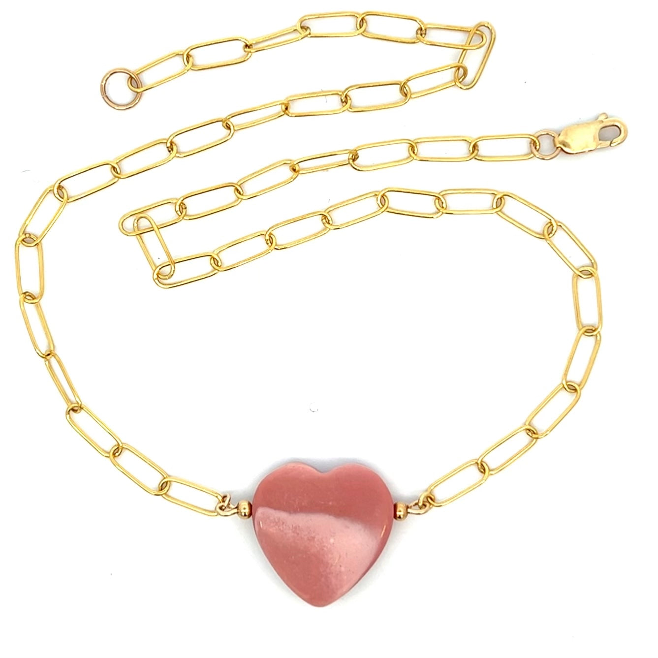 Pink Opal Heart Pendant On Paperclip Chain Necklace 14k GF Gold