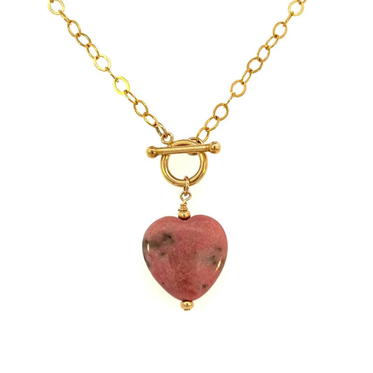 Rhodonite Heart 14k GF Heart Necklace Gold Front Toggle Necklace with Pink Heart