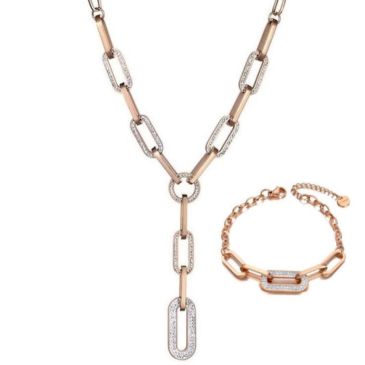 Paperclip Lariat Y Drop Necklace with Crystals Set