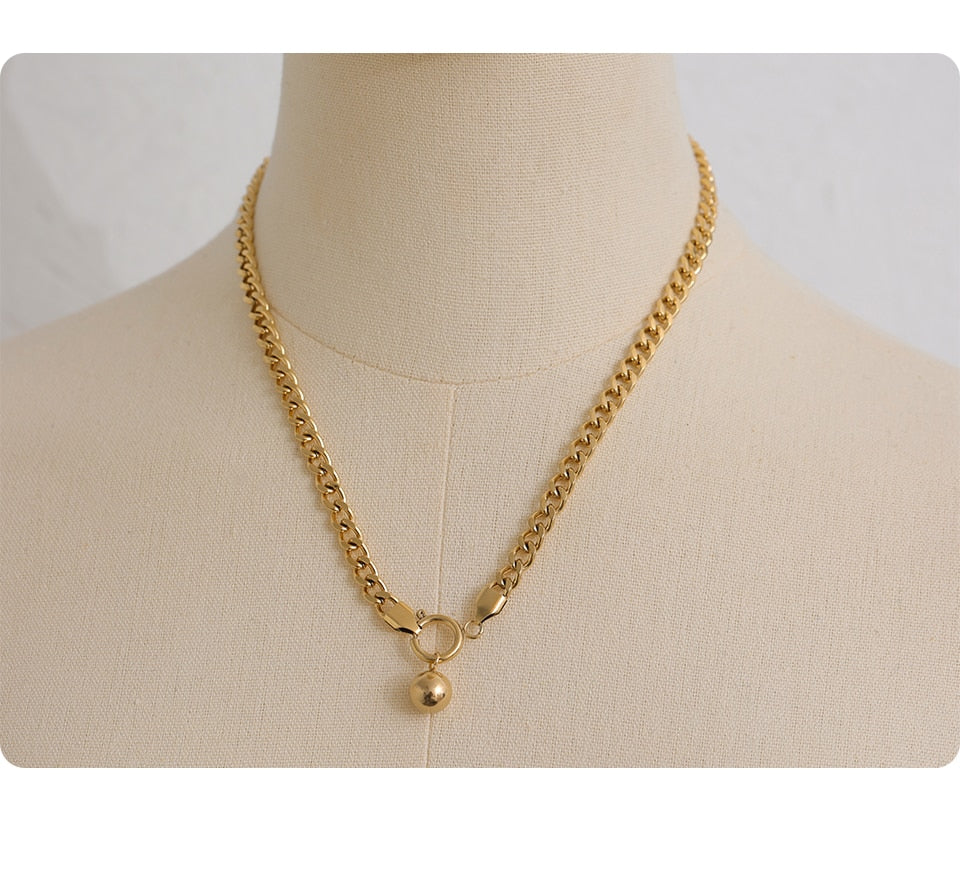 Chunky Gold Curb Chain Necklace and Bracelet Set with Gold Beads