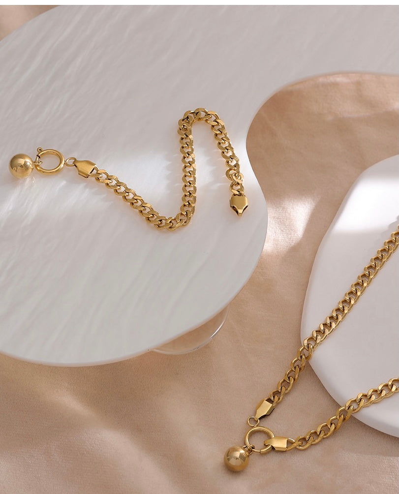 Chunky Gold Curb Chain Necklace and Bracelet Set with Gold Beads