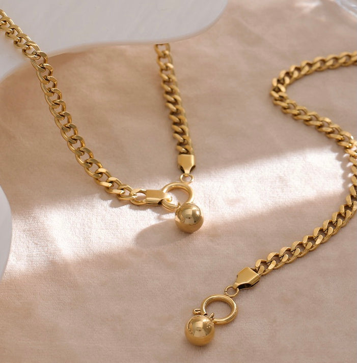 Chunky Gold Curb Chain Necklace and Bracelet Set with Gold Beads
