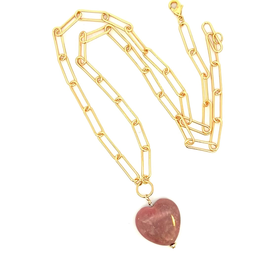Rhodonite Heart Necklace on Gold Paperclip Chain