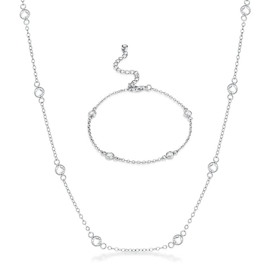 Dainty Set Sparkly Station Necklace and Bracelet Set Silver