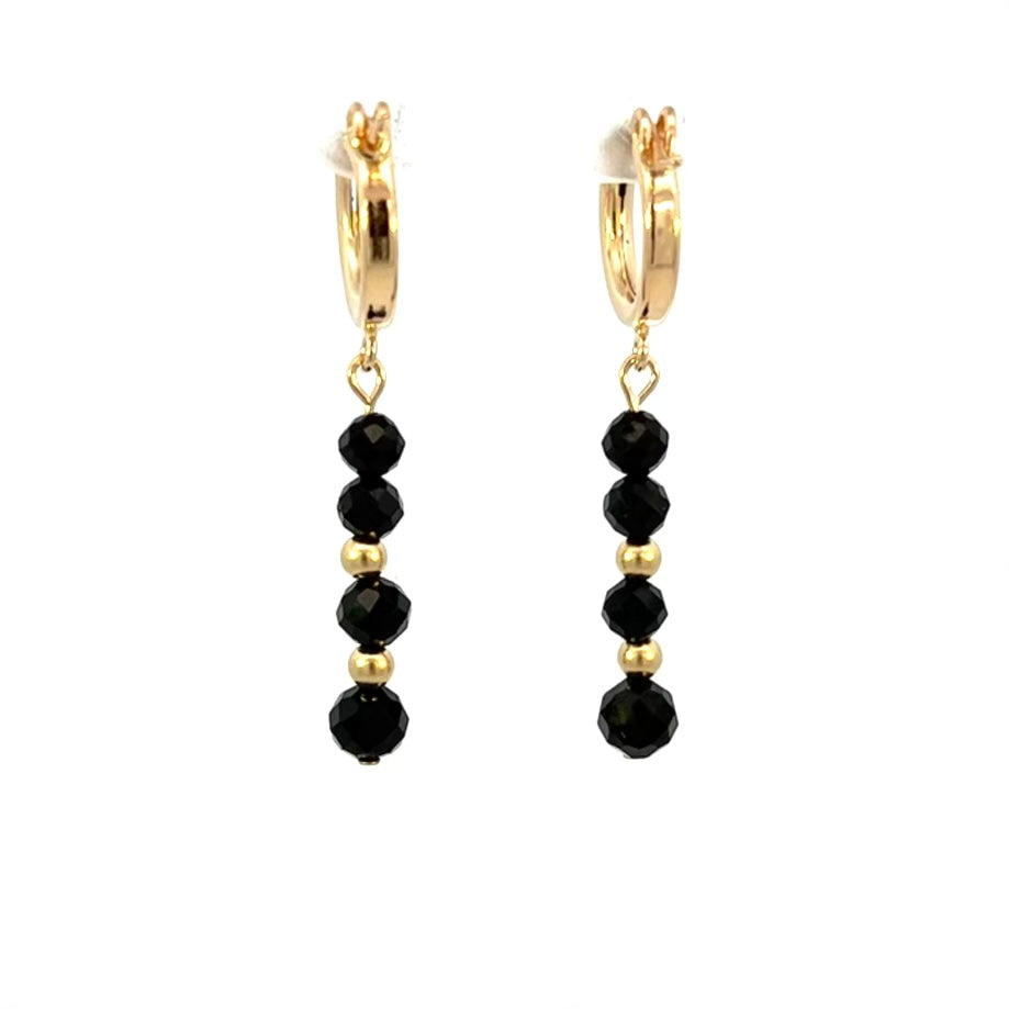 Black Spinel Huggie Hoop Drop Earrings 14K GF Gold AAA Black Spinel