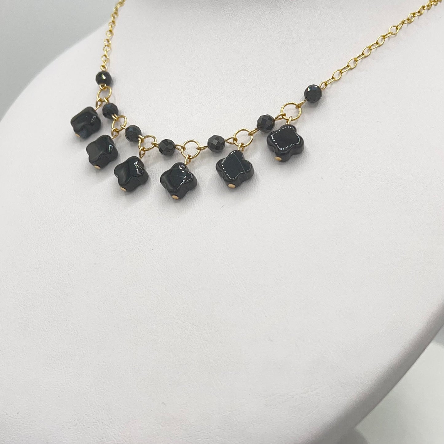 Lucky Clover Black Agate Four Leaf Clovers and Black Spinel Gemstone Choker Necklace 14k GF