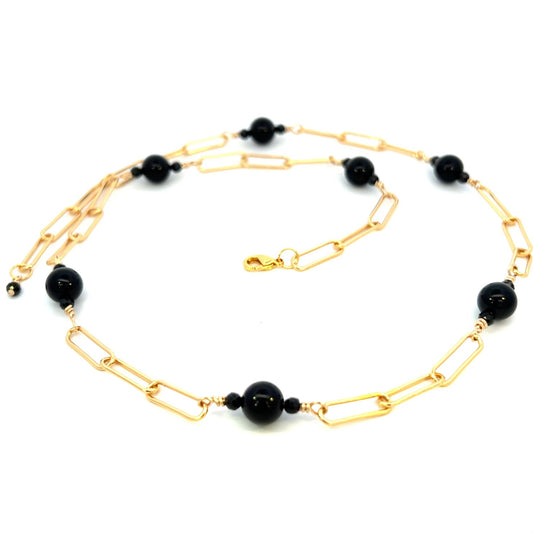 Black Onyx and Black Spinel Paperclip Chain Necklace Gold