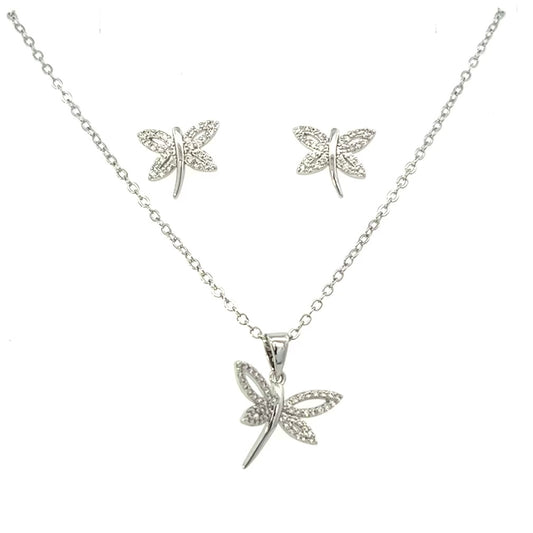 Sparkly Dragonfly Pendant Necklace and Earrings Set Silver