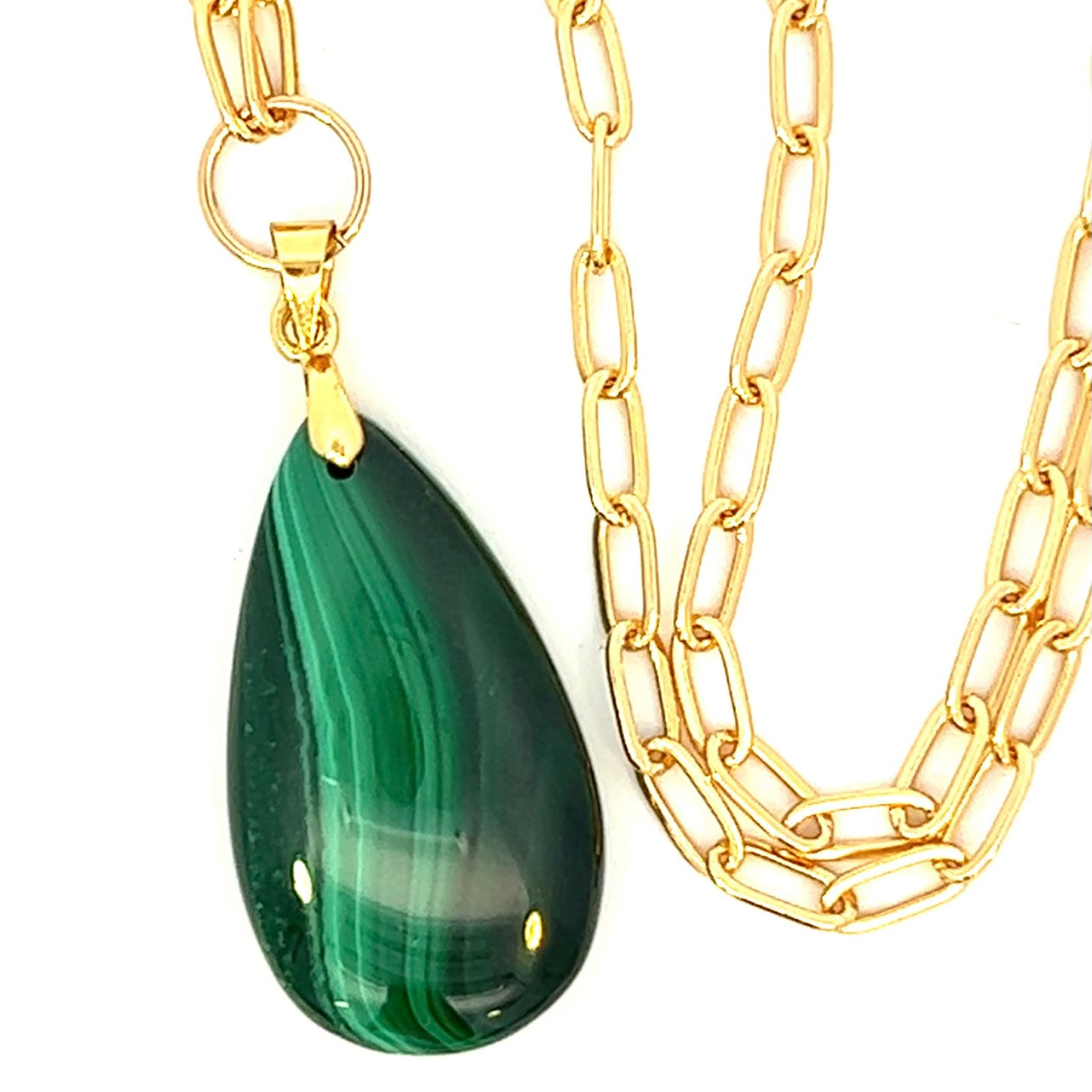 Green Malachite Pendant Necklace Paperclip Chain Gold