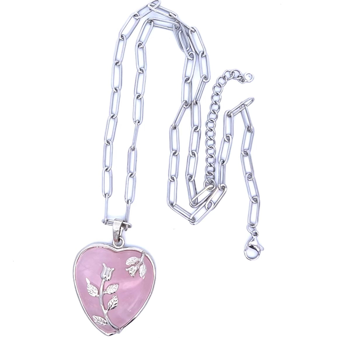 Large Pink Rose Quartz Heart Pendant On Paperclip Chain Silver
