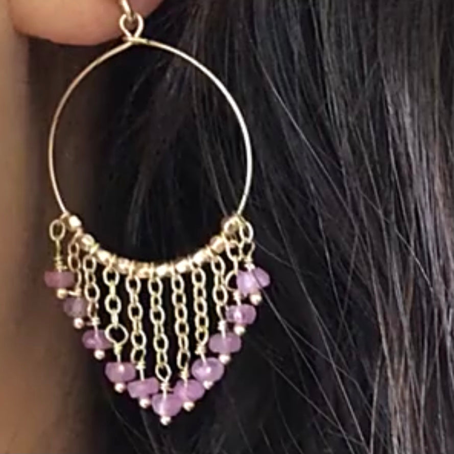 Italian Pink Sapphire Chandelier Hoop Earrings
