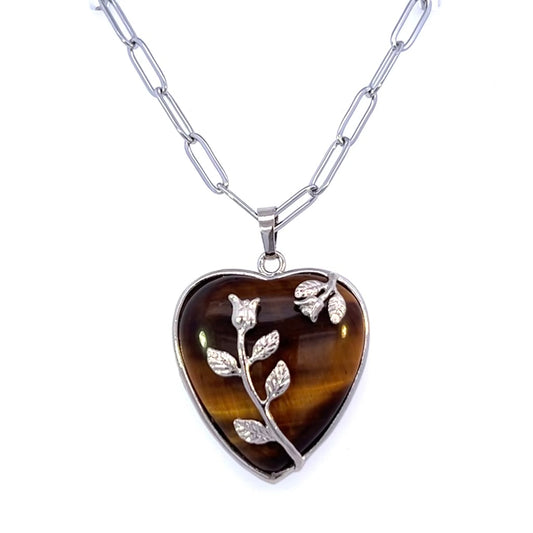 Large Tiger’s Eye Heart Pendant On Paperclip Chain Silver