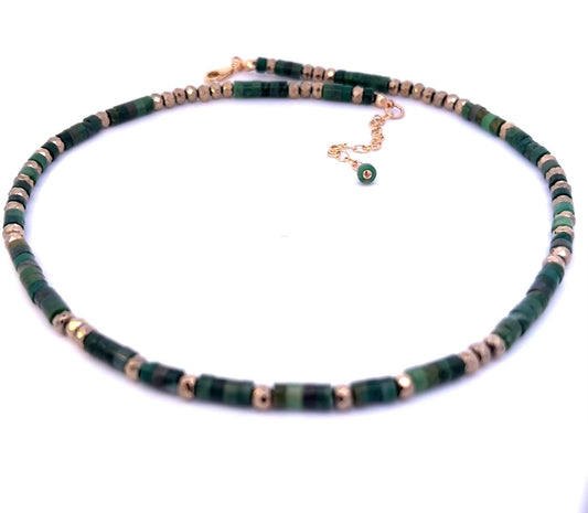 African Green Jade and Pyrite Drum Bead Choker Necklace 14k GF