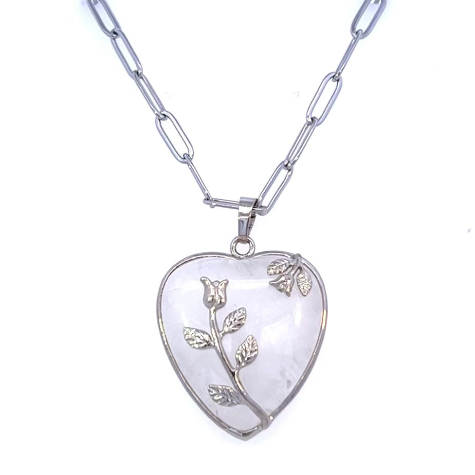Large Crystal Quartz Heart Pendant On Paperclip Chain Silver