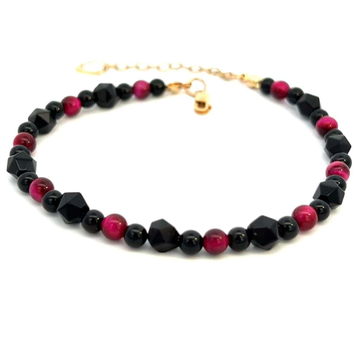Pink and Black Tigers Eye Bracelet Open Heart Charm Onyx 14k GF Gold