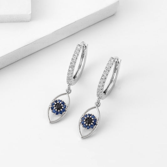 Evil Eye Huggie Hoops Earrings with Vertical Eye Charm Silver