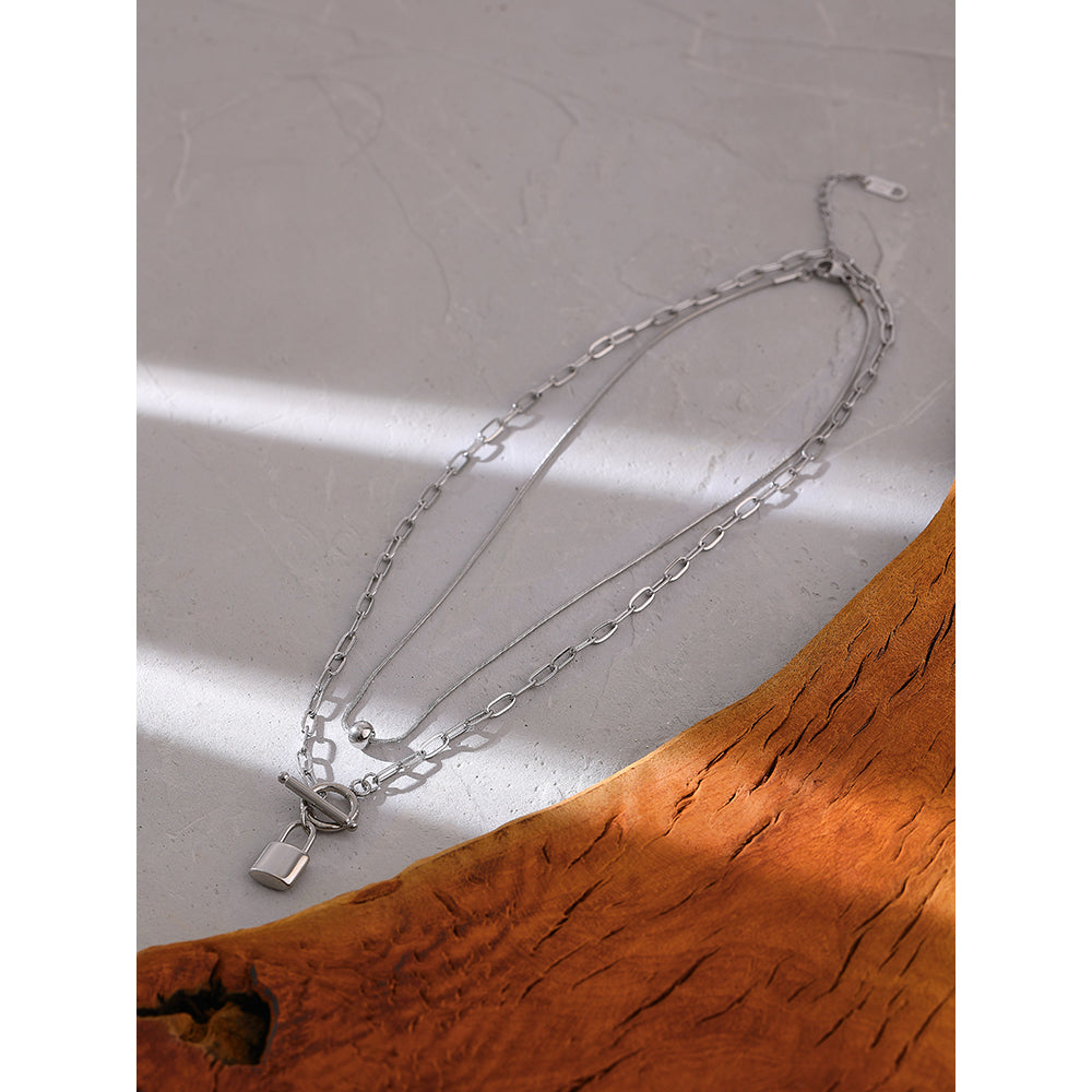 Layered Padlock Toggle Necklaces Silver
